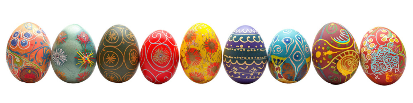 set of colorful easter eggs with intricate ornaments on a transparent background, traditional Ukrainian design