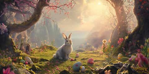 A fairytale scene with the Easter bunny sitting on the grass among easter eggs and blossoming trees on a sunny morning - obrazy, fototapety, plakaty