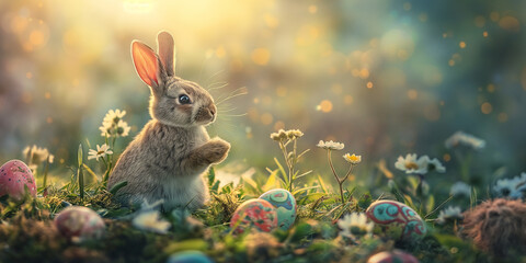 Easter bunny sitting on the grass in the garden among flowers and eggs on a sunlit morning