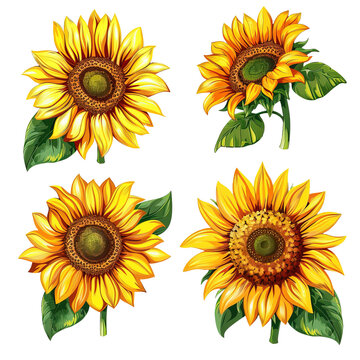 4 set of sunflowers flowers on white background,png