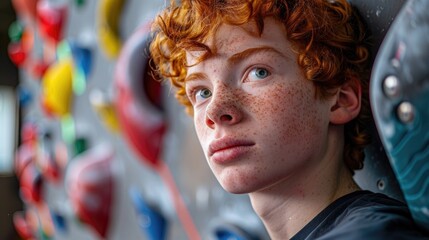 A young individual with red hair and freckles rests by a colorful climbing wall