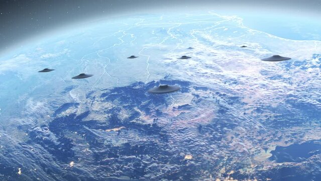 Flying Saucer UFO's fleet heading Earth
Alien invasion sci-fi concept,4K, 2024
