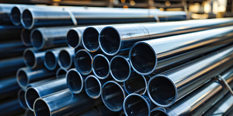 Metallic pipes stacked in a warehouse, shining under the light, ready for construction and engineering use
