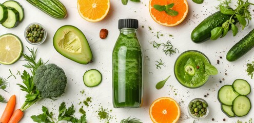Bottle of Juice Surrounded by Fruits and Vegetables