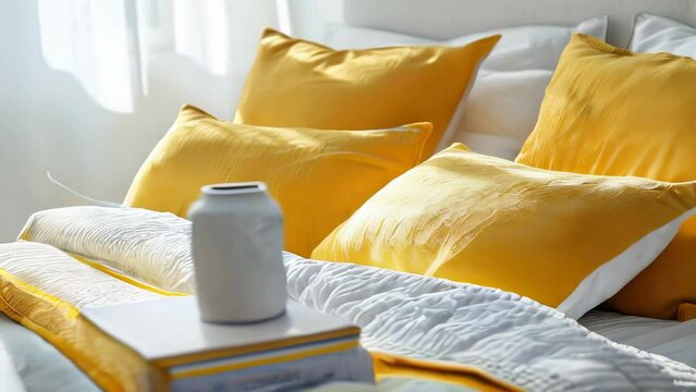 close up of yellow pillows on a white bed in the morning