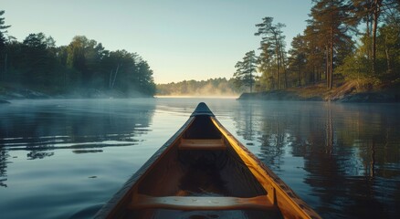 Canoe on Lake With Trees - obrazy, fototapety, plakaty