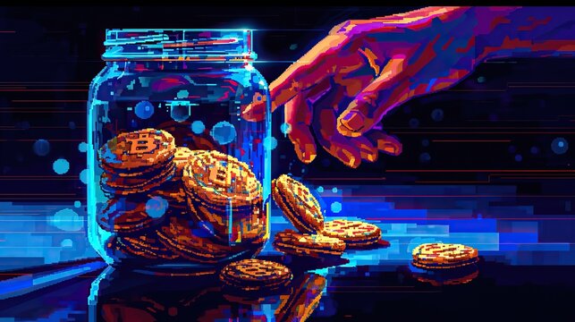 Hand reaching into a pixelated jar filled with digital cookies. The cookies display bits and bytes, emphasizing the technological aspect of data storage. The pixel art style.