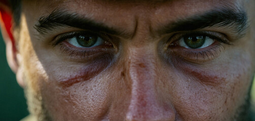 Close-up face and eyes, a soldier at war or in action, combat st - obrazy, fototapety, plakaty