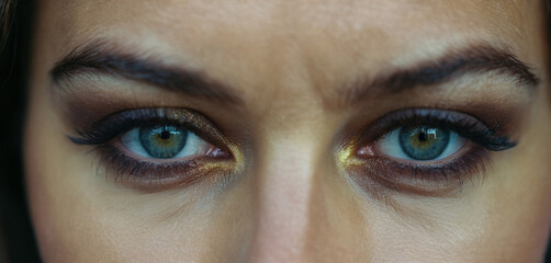 A young adult woman, age 28, Caucasian, dark eye makeup, eye sha