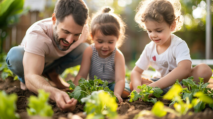Father planting with kids, teaching children how to plant,  - obrazy, fototapety, plakaty