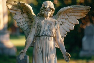 In the solemn tranquility of a cemetery, a melancholic angel statue stands with bowed head and drooping wings, embodying the somber mood of a funeral.