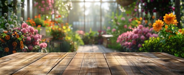 Wooden Table in Greenhouse Filled With Flowers - obrazy, fototapety, plakaty
