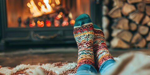 A woman in cozy socks warms her feet by the fireplace. Concept Cozy Socks, Fireplace, Indoor Relaxation, Warmth, Cozy Home
