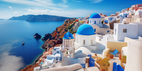 sunny white and blue Santorini island view with Mediterranean sea, traditional Greek architecture - obrazy, fototapety, plakaty