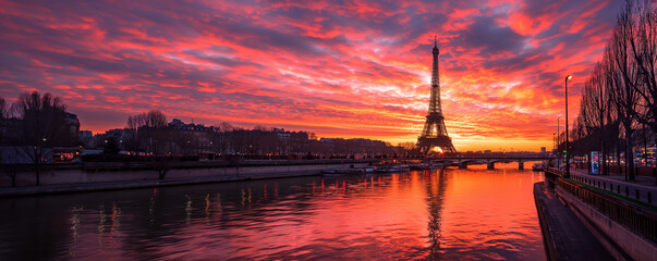 Fiery Sunset over the Seine with Eiffel Tower Silhouette - obrazy, fototapety, plakaty
