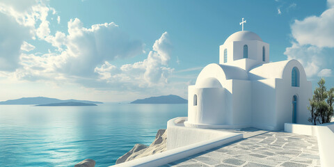 Whitewashed church on Greek island in summer by Medetteranian sea - obrazy, fototapety, plakaty