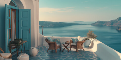 sunlit terrace on Santorini Island in Greece, Mediterranean sea, traditional white and blue design