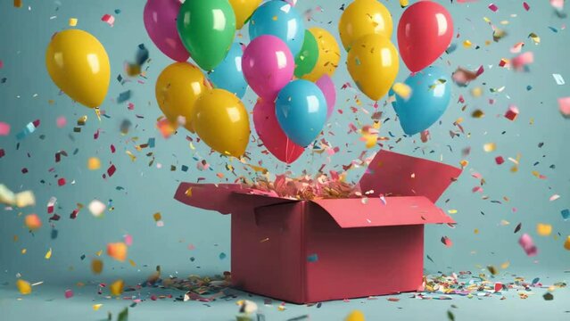 Looped 4K Video: Birthday Celebration with Balloons, Confetti & Presents on Light Blue Background