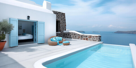 sunlit terrace with pool on Santorini Island in Greece, Mediterranean sea, traditional white and blue design - obrazy, fototapety, plakaty