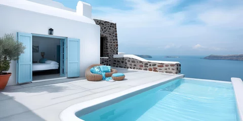 Rolgordijnen sunlit terrace with pool on Santorini Island in Greece, Mediterranean sea, traditional white and blue design © Anna