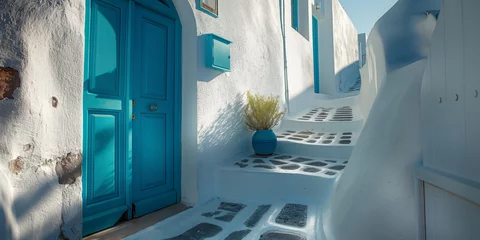 Gordijnen white and blue Santorini street, summer traditional Greek Cycladic architecture © Anna