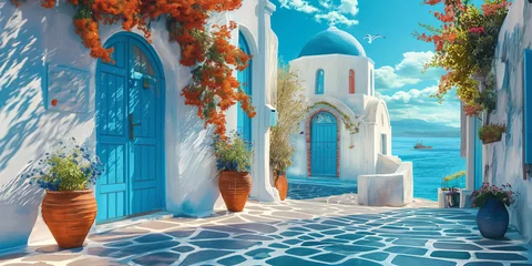 Rolgordijnen white and blue Santorini street, sea view, traditional Greek Cycladic architecture, blooming flowers © Anna