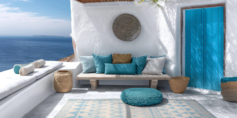sunlit terrace on Santorini Island in Greece, Mediterranean sea, traditional white and blue design