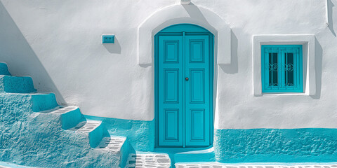 white wall and blue door Santorini Island traditional Greek architecture