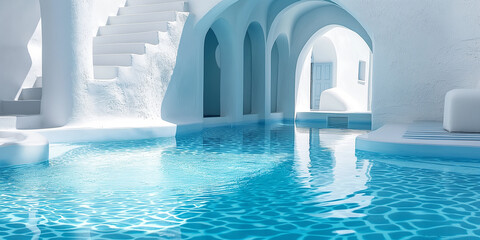 outdoor swimming pool at Santorini island resort, traditional white Greek architecture