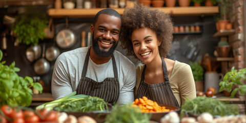 Young black couple is cooking together, healthy lifestyle, fresh fruits and vegetables, rural kitchen, homemade food

