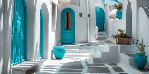 white and blue Santorini street, summer traditional Greek Cycladic architecture
