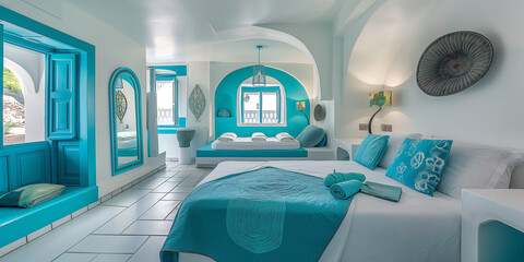 white and blue luxury hotel room Greek Santorini island design, Mediterranean resort