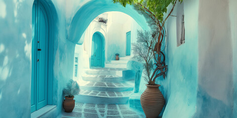 white and blue cozy Santorini street, traditional Greek Cycladic architecture