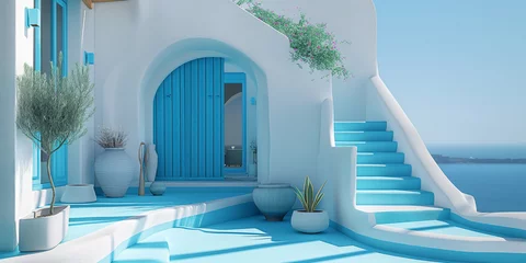 Poster white and blue Santorini island traditional greek architecture © Anna