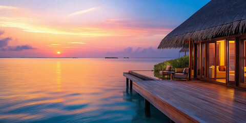 colorful sunset over the luxury ocean resort on tropical island