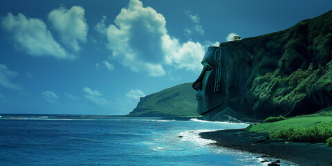 giant totem god statue overlooking the ocean, Easter Island themed fantasy - obrazy, fototapety, plakaty