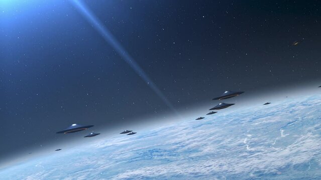 Alien saucer ufo's fleet flying above earth clouds

Alien invasion sci-fi concept,4K, 2024
