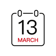March 13 date on the calendar, vector line stroke icon for user interface. Calendar with date, vector illustration.