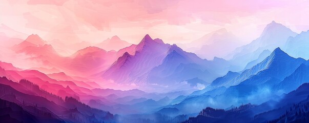 Digital art of a misty mountain range in pastel colors, creating a serene and abstract wallpaper