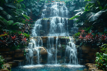 Cascading waterfall in lush tropical setting - obrazy, fototapety, plakaty