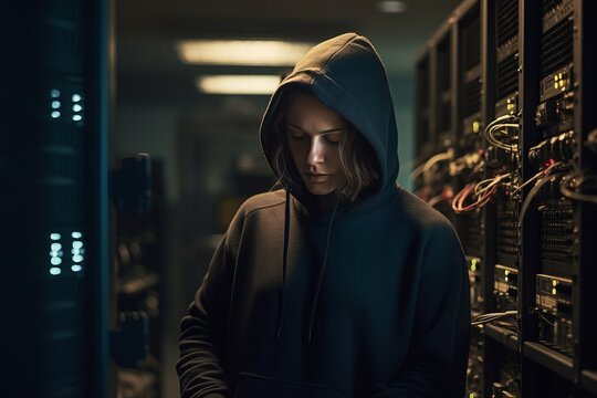 female hacker in a server room