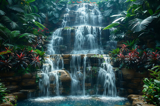 Fototapeta Cascading waterfall in lush tropical setting