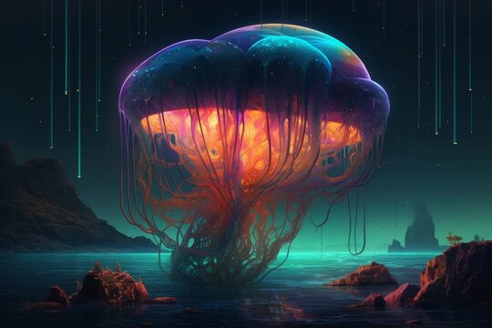 painting of a giant jellyfish glowing in the dark