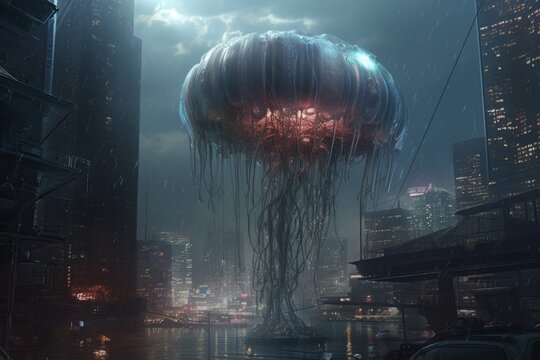 a giant floating jellyfish attacking a city