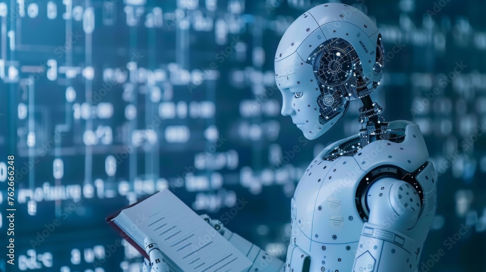 Aufkleber humanoid ai robot with book surrounded by holographic math formulas on blurred background