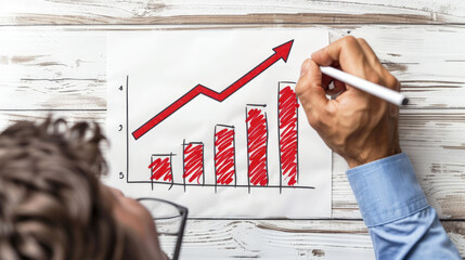 Businessman draw growth graph on whiteboard. Sales growth, increased productivity, forecast for increasing company profits concept. - obrazy, fototapety, plakaty