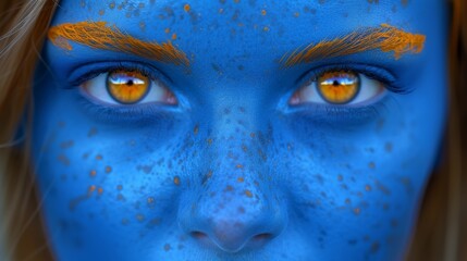  A portrait of a female face, adorned with blue and orange paints around the eyes and mouth