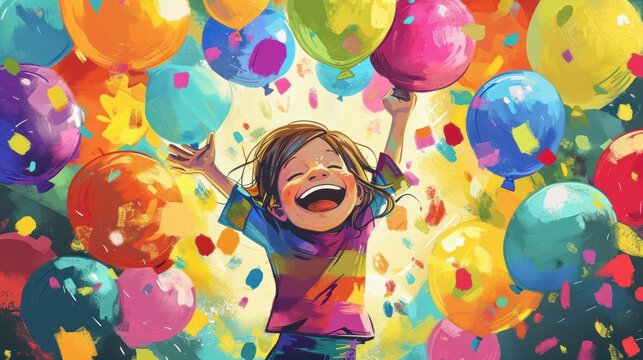 Watercolor of a happy little girl with her arms raised, surrounded by colorful balloons and confetti.