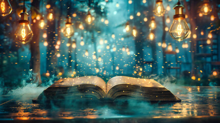 Magical Open Book on a Wooden Table: Mystical Glow and Sparkles, Imagination and Wisdom in a Dark...
