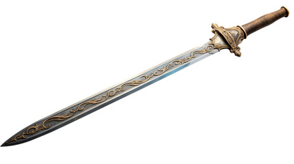 A majestic, large sword with an ornate, decorative handle resting on a stone pedestal